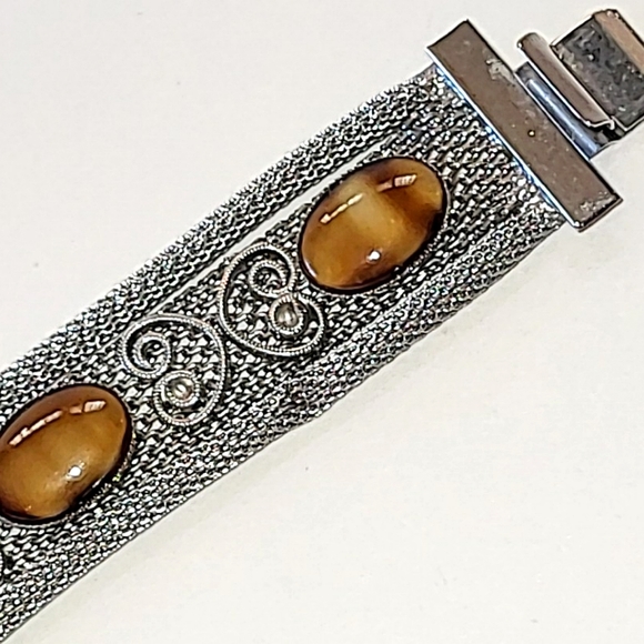 VINTAGE MESH BRACELET - FAUX TIGER'S EYE SLAG GLASS STONES - Picture 8 of 11